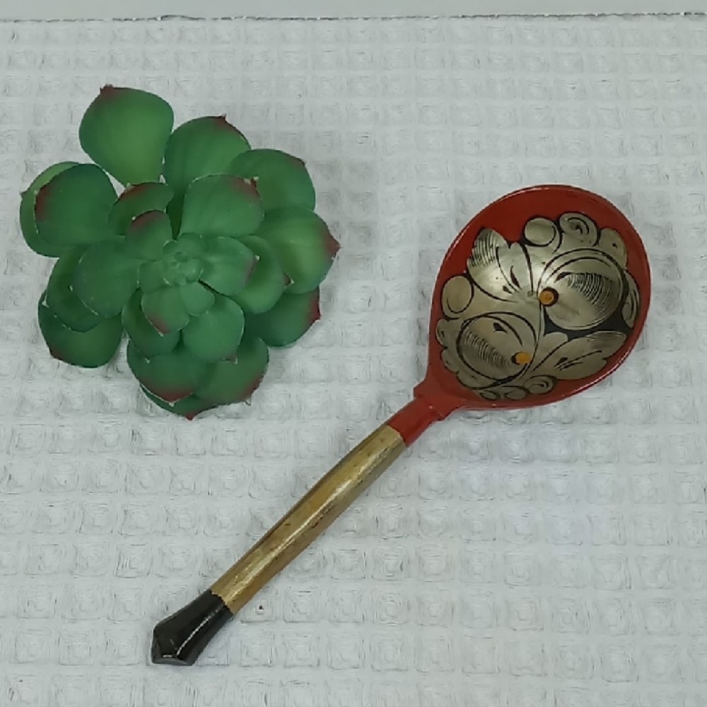 Vintage Russian Khokhloma Hand Painted Lacquered Wooden Spoon